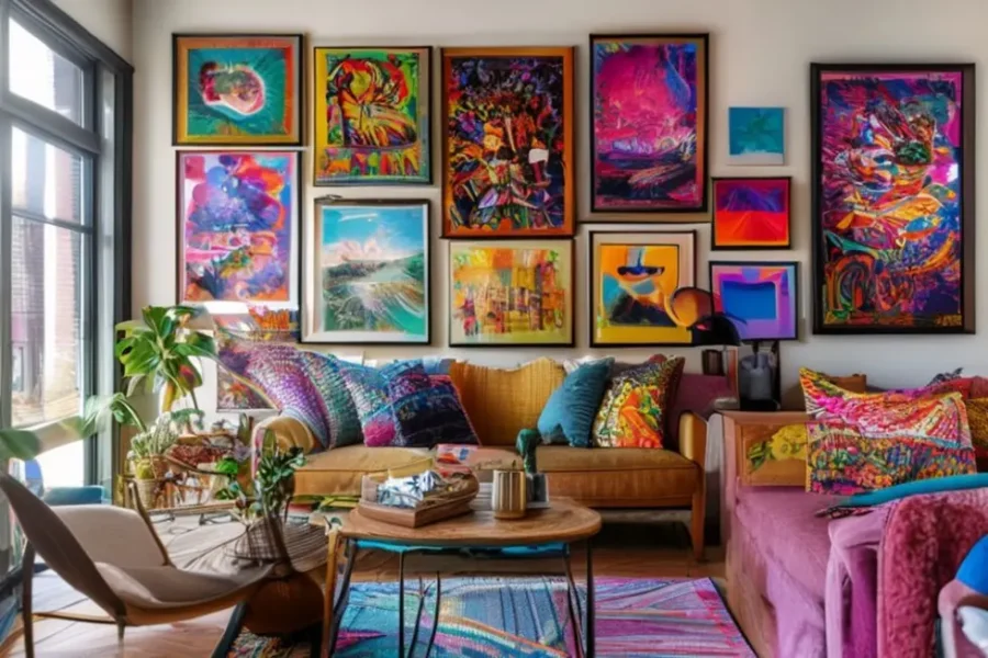 Espaço de vida vibrante com uma seleção de quadros e posters.