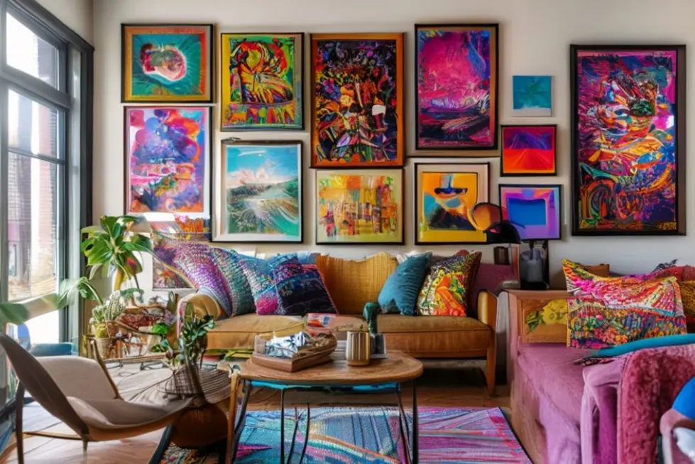 Espaço de vida vibrante com uma seleção de quadros e posters.