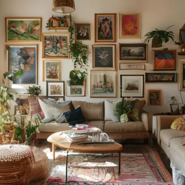 Sala de estar acolhedora com quadros diversos.