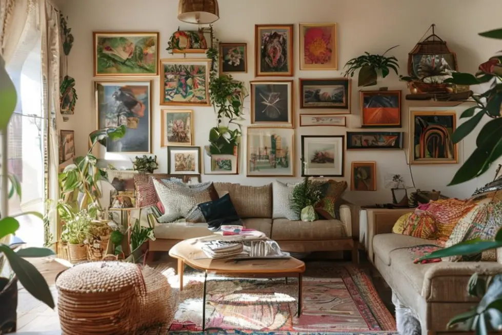 Sala de estar acolhedora com quadros diversos.