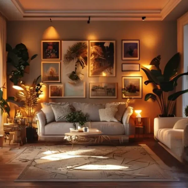 Sala de estar bem decorada com arte, plantas e iluminação suave, inspirando um lar acolhedor.