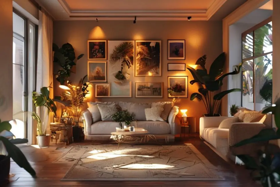 Sala de estar bem decorada com arte, plantas e iluminação suave, inspirando um lar acolhedor.