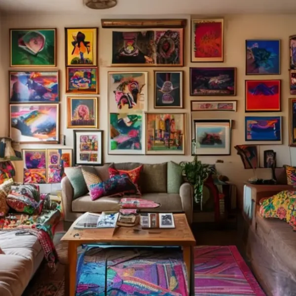 Espaço de vida decorado com arte que transmite personalidade e calor.