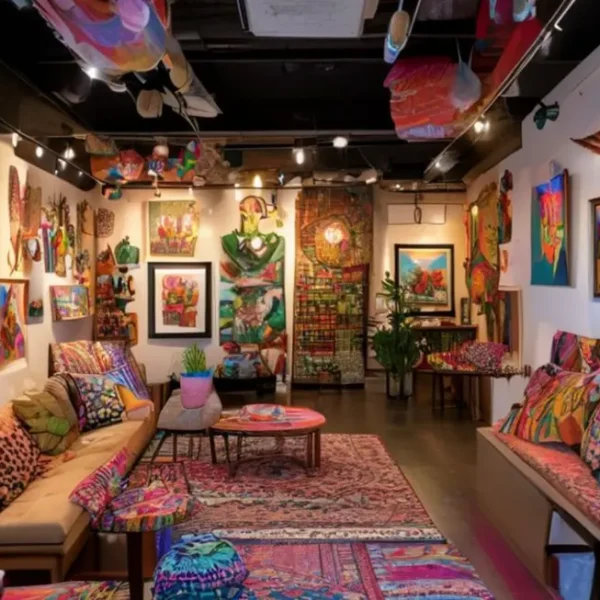 Espaço acolhedor com arte acessível e decoração criativa.