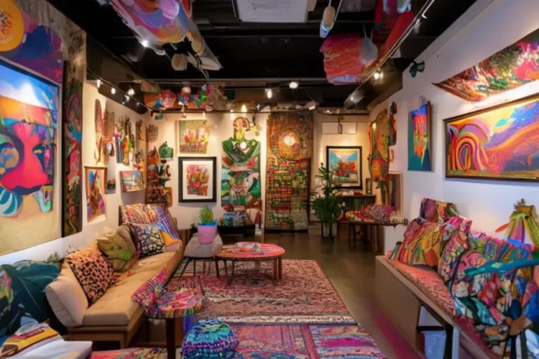 Espaço acolhedor com arte acessível e decoração criativa.