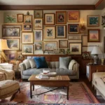 Um espaço de vida decorado com arte e quadros, transmitindo aconchego.