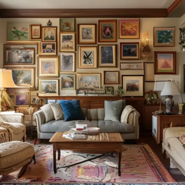 Um espaço de vida decorado com arte e quadros, transmitindo aconchego.