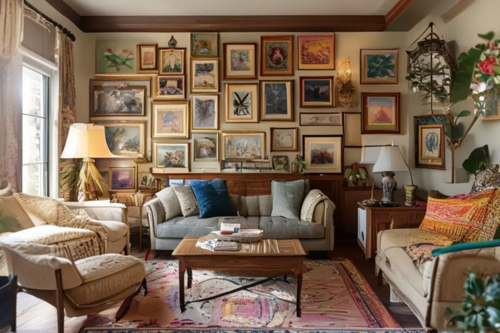 Um espaço de vida decorado com arte e quadros, transmitindo aconchego.