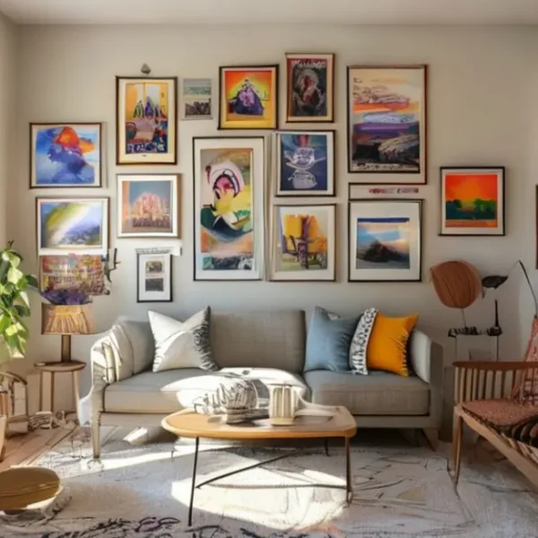 Interior de casa acolhedor com parede decorada com quadros e posters.