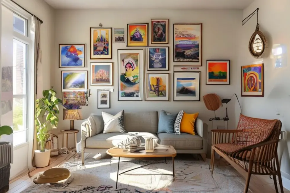 Interior de casa acolhedor com parede decorada com quadros e posters.