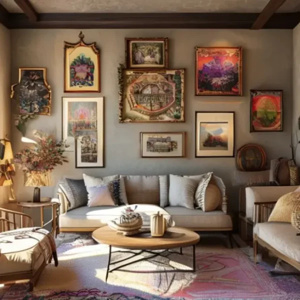 Interior de casa bem decorado com quadros e posters vibrantes.