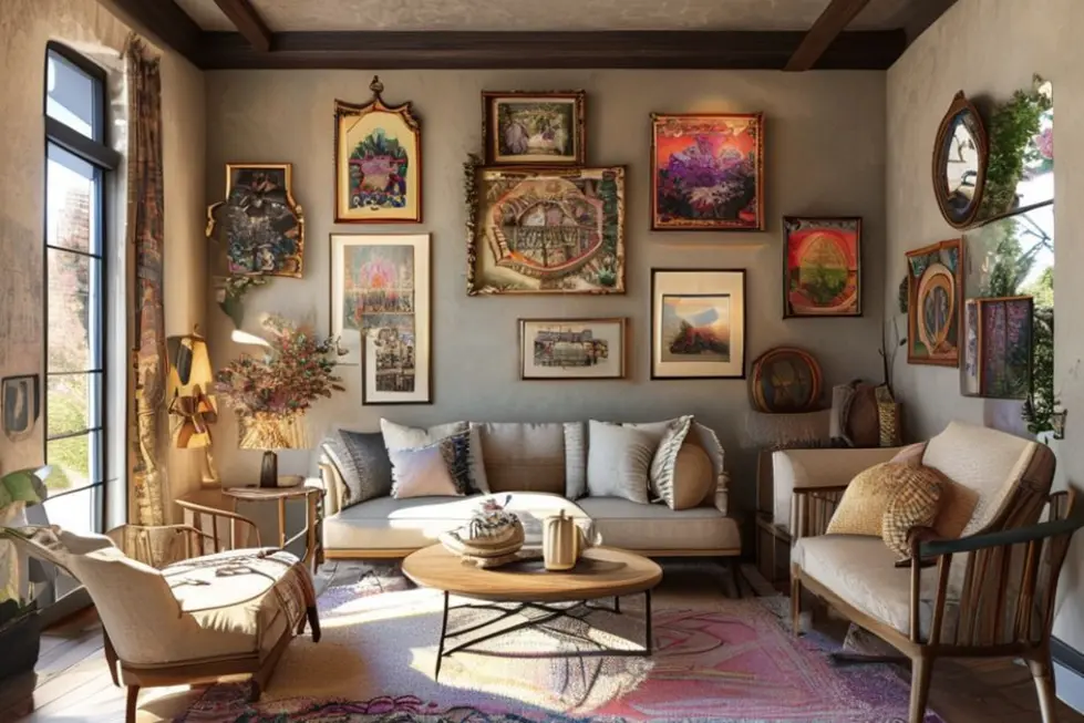 Interior de casa bem decorado com quadros e posters vibrantes.