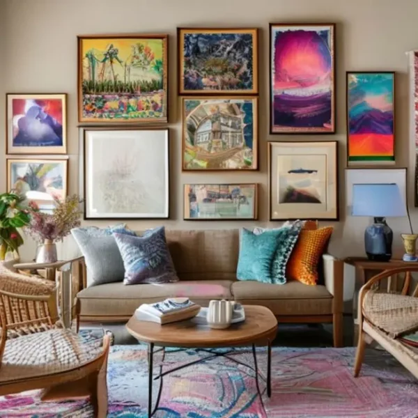 Um interior de casa mostrando quadros e posters em harmonia.