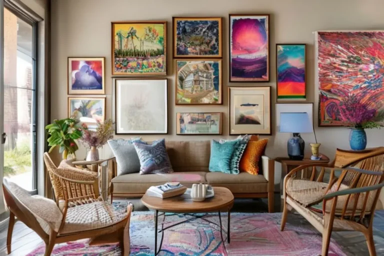 Um interior de casa mostrando quadros e posters em harmonia.