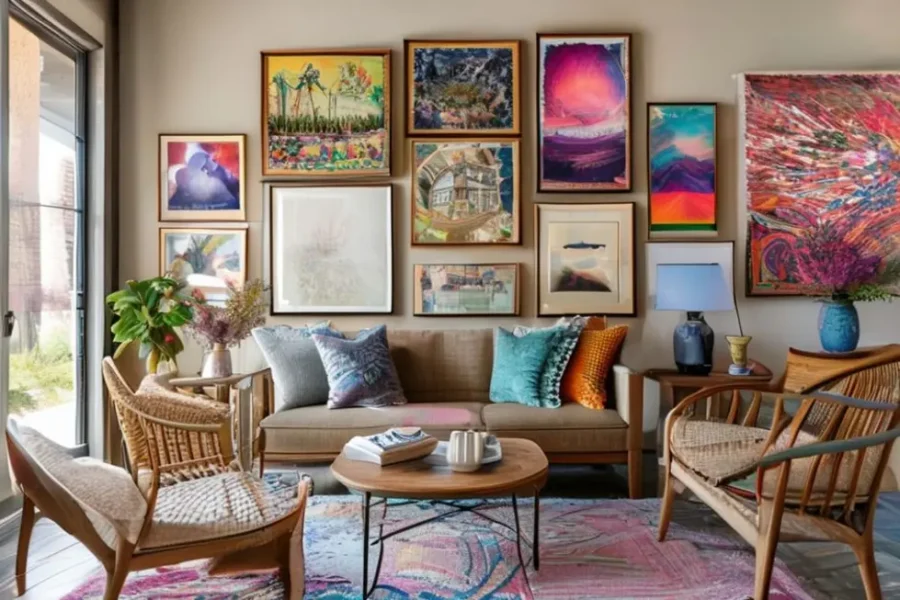 Um interior de casa mostrando quadros e posters em harmonia.