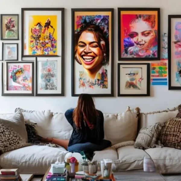 Mulher organizando quadros e posters na parede da sala com felicidade.