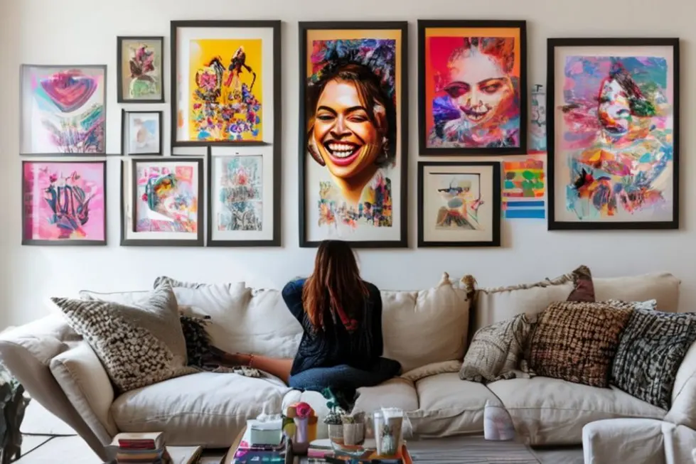 Mulher organizando quadros e posters na parede da sala com felicidade.