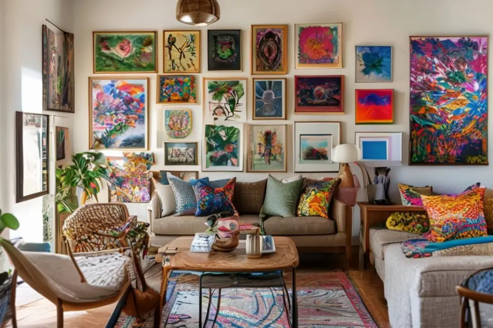 Espaço de decoração feminino com várias peças de arte.