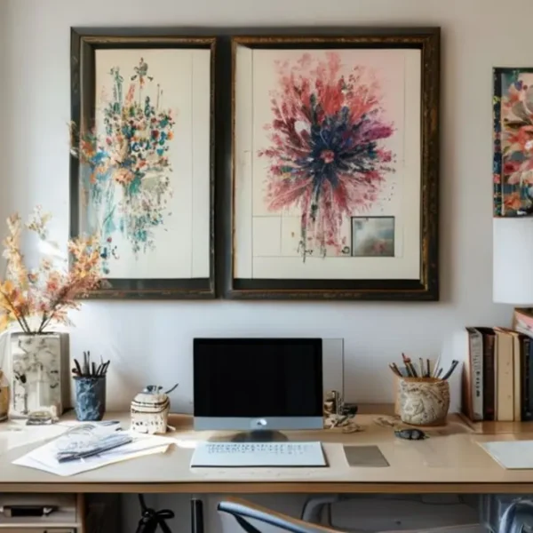 Escritório decorado com quadros, mostrando um ambiente acolhedor e criativo.