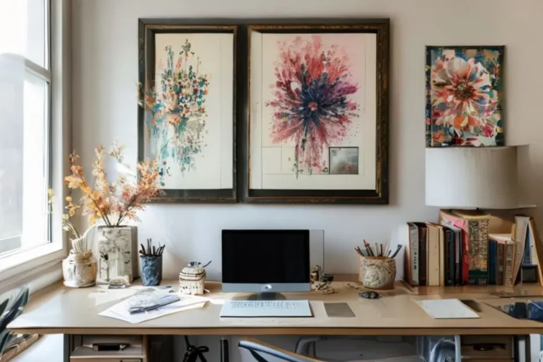 Escritório decorado com quadros, mostrando um ambiente acolhedor e criativo.
