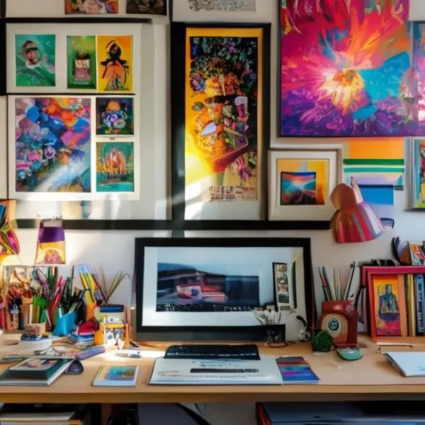 Espaço de trabalho com quadros e posters