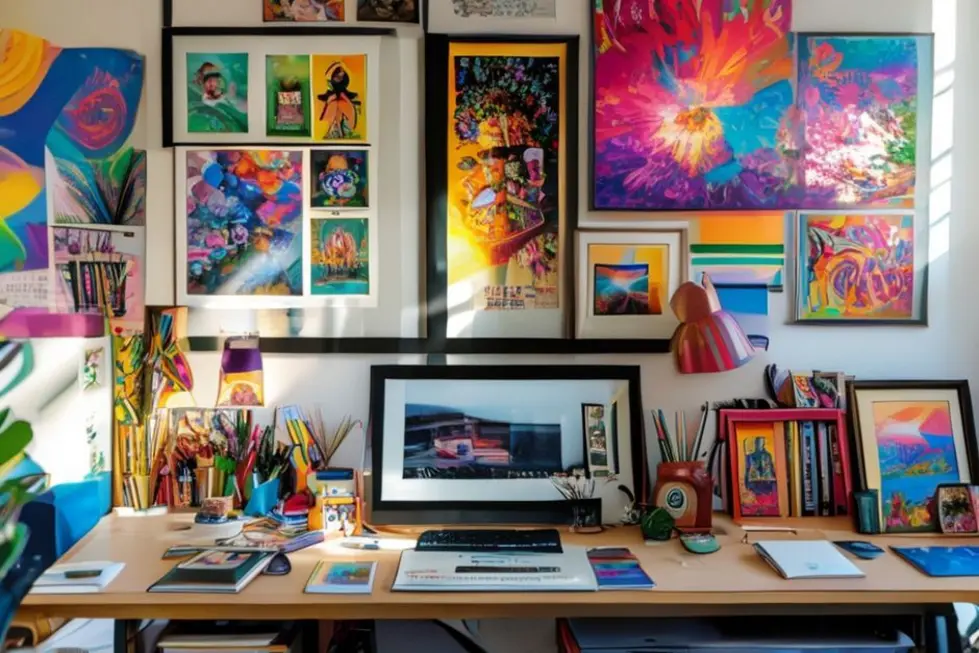 Espaço de trabalho com quadros e posters