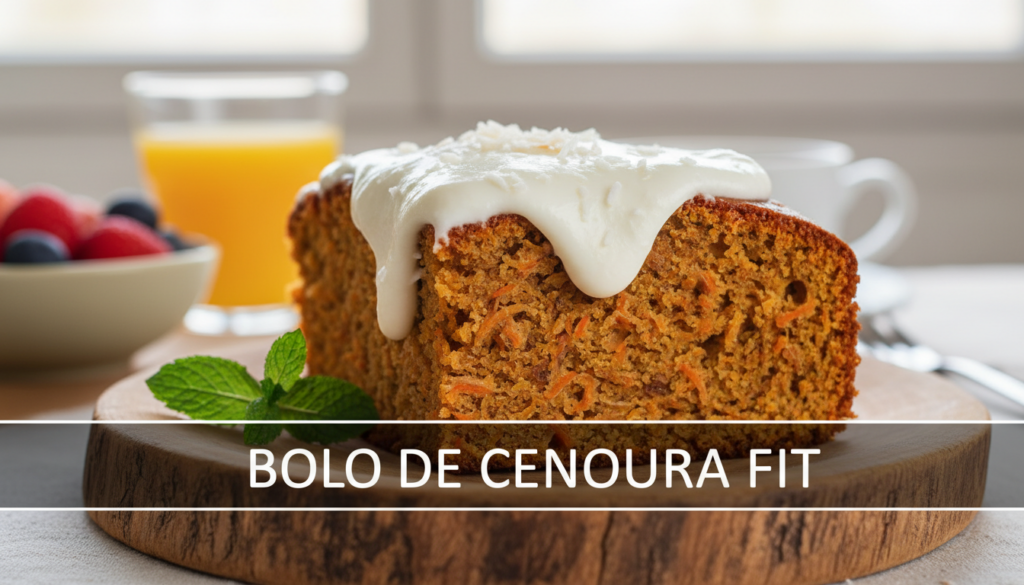 Bolo de cenoura fit saudável e nutritivo em prato rústico.