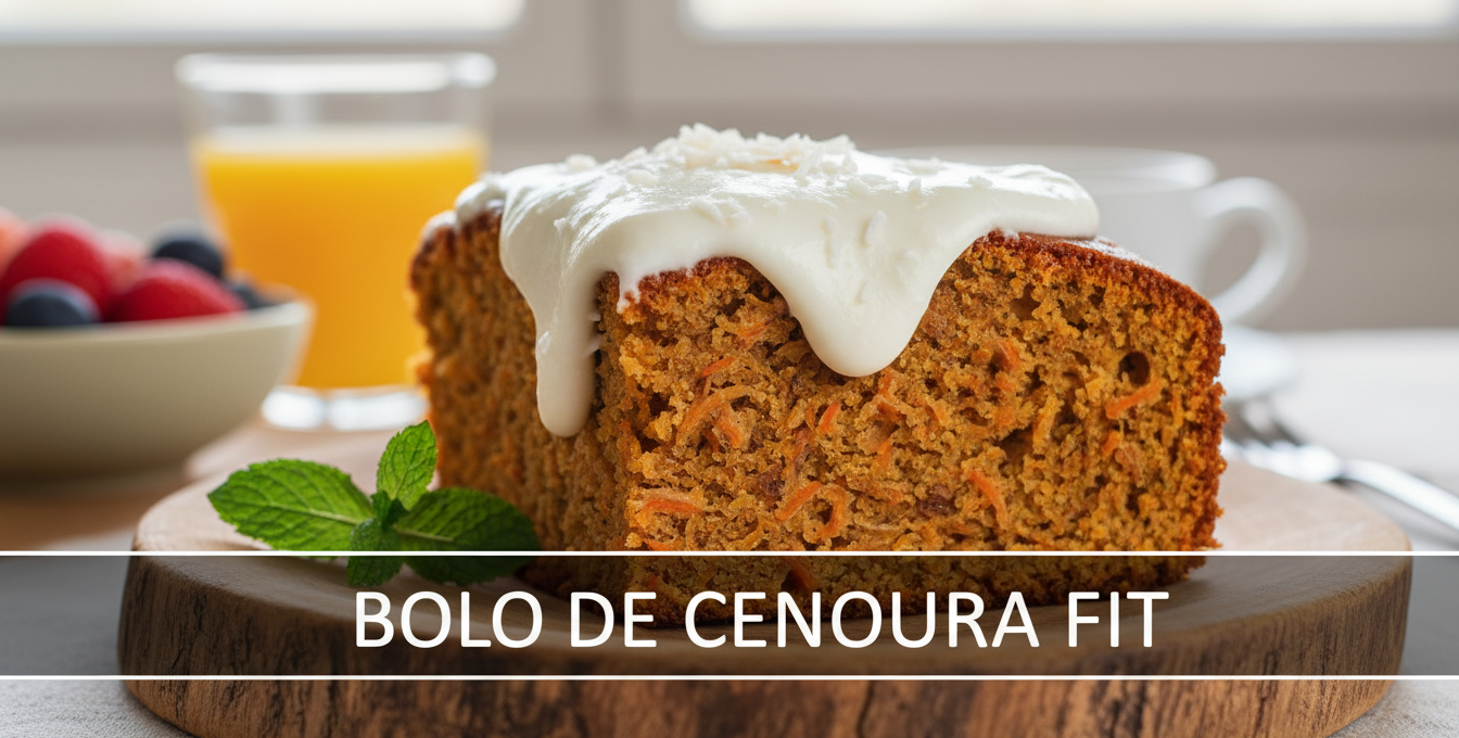 Bolo de cenoura fit saudável e nutritivo em prato rústico.