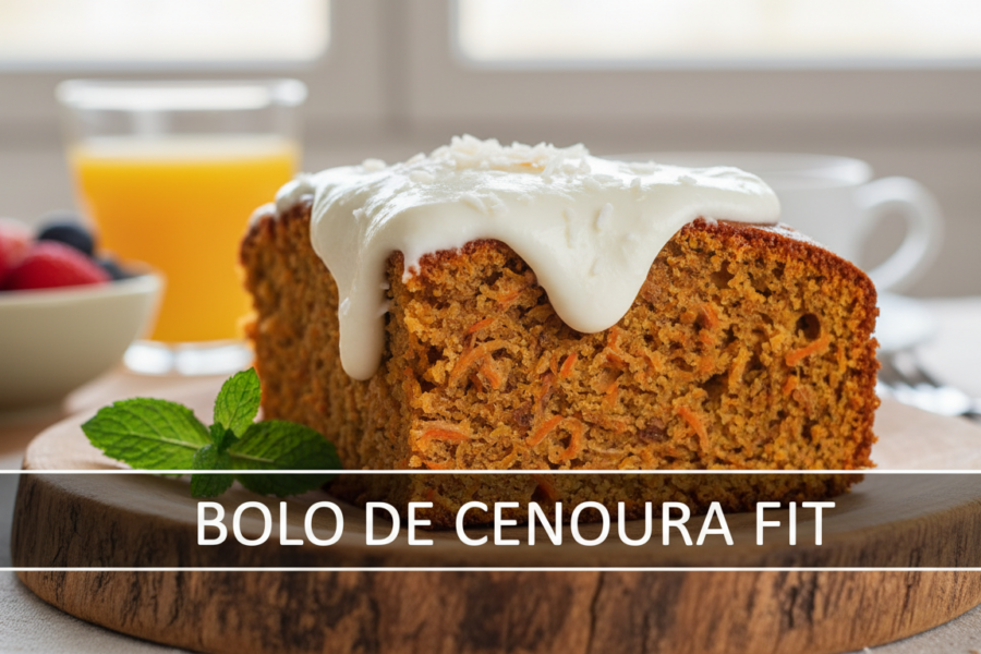 Bolo de cenoura fit saudável e nutritivo em prato rústico.