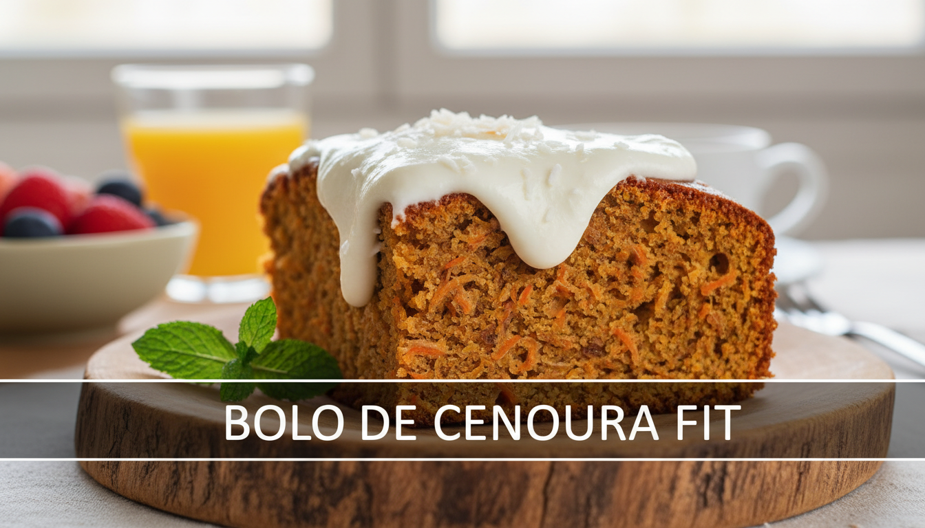 Bolo de cenoura fit saudável e nutritivo em prato rústico.
