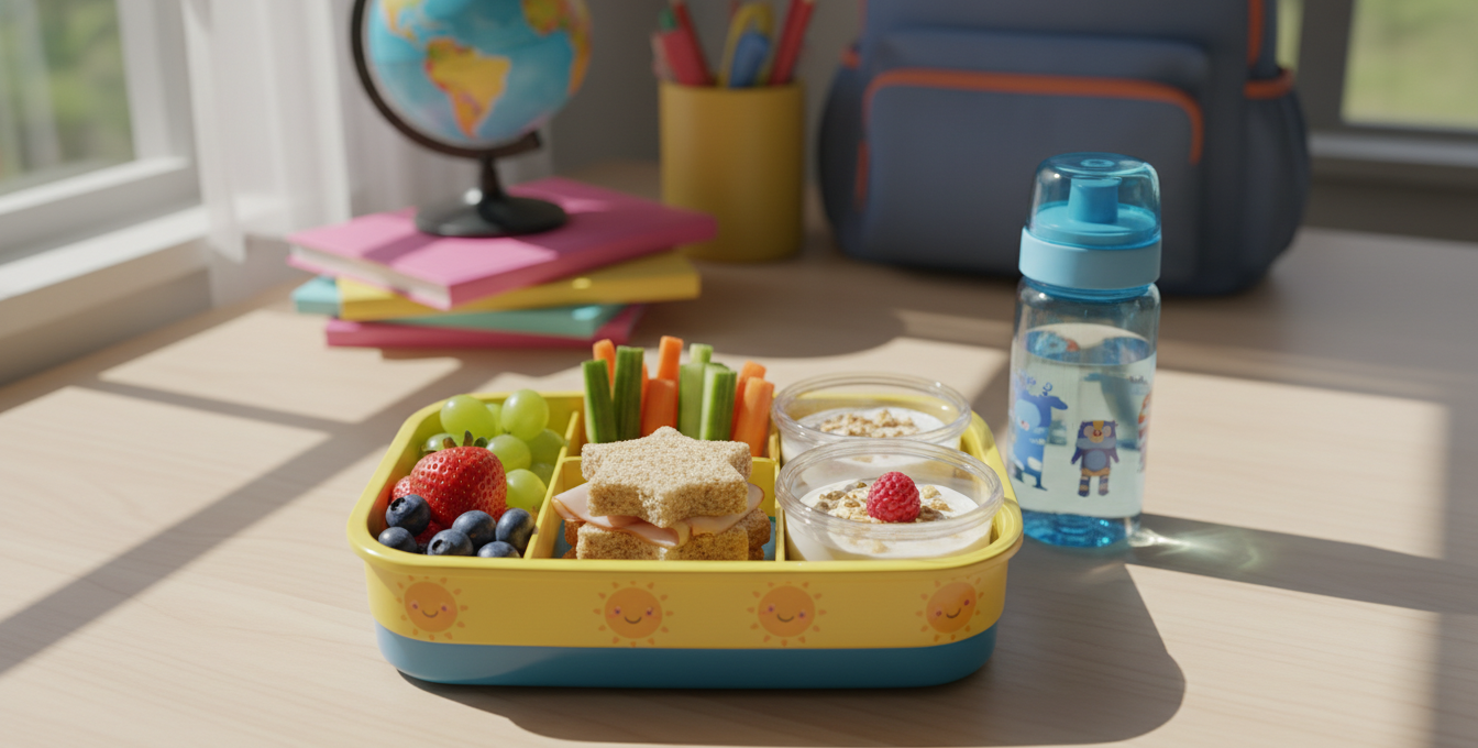 **Lancheira saudável filhos** com variedade de alimentos nutritivos e coloridos.