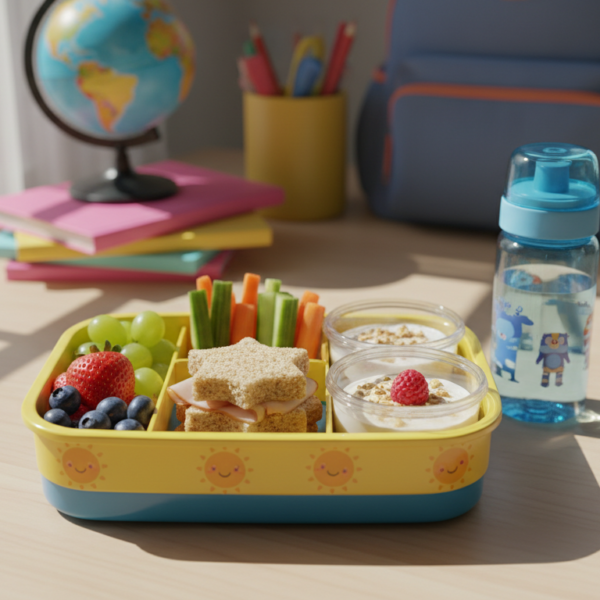 **Lancheira saudável filhos** com variedade de alimentos nutritivos e coloridos.