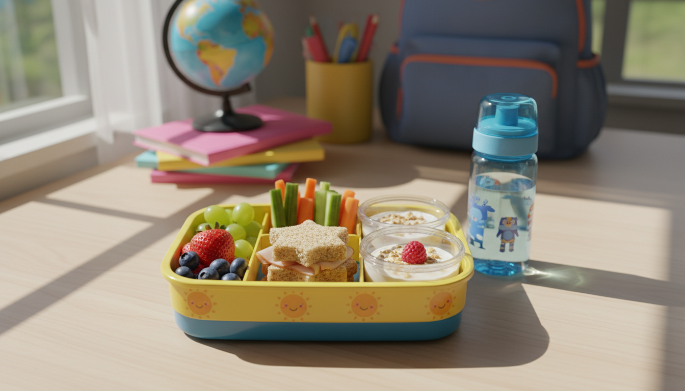 **Lancheira saudável filhos** com variedade de alimentos nutritivos e coloridos.