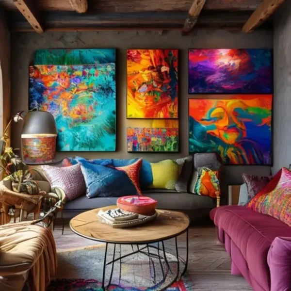 Interior decorado com uma variedade de quadros e posters.