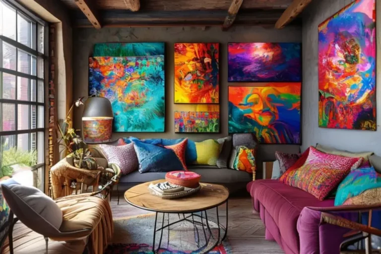 Interior decorado com uma variedade de quadros e posters.