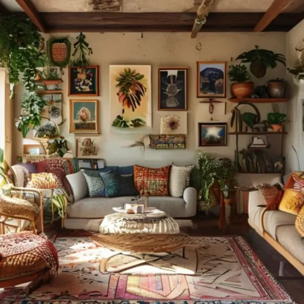 Interior de casa decorado de forma criativa e acessível.