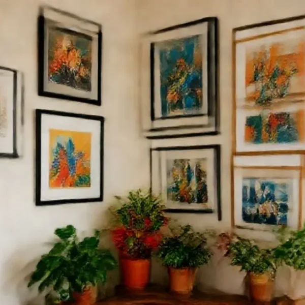 Um canto aconchegante da casa com decoração de quadros.