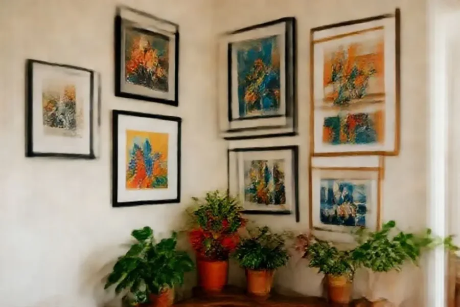 Um canto aconchegante da casa com decoração de quadros.