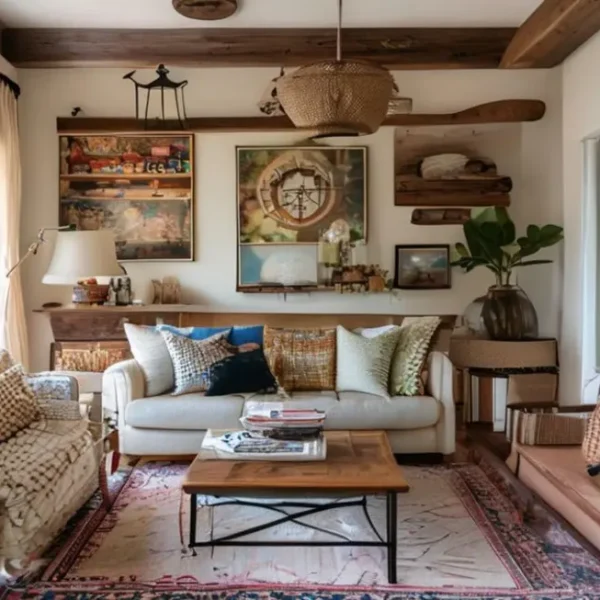 Interior de casa colorido e acolhedor, decorado de forma criativa e acessível.