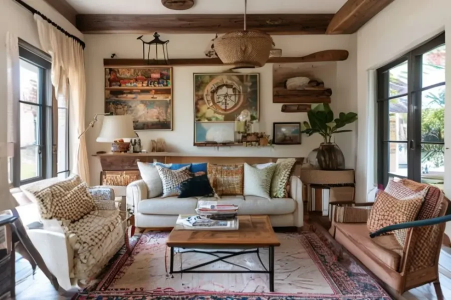 Interior de casa colorido e acolhedor, decorado de forma criativa e acessível.