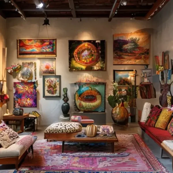 Espaço decorado artisticamente, mostrando uma decoração pessoal e convidativa.