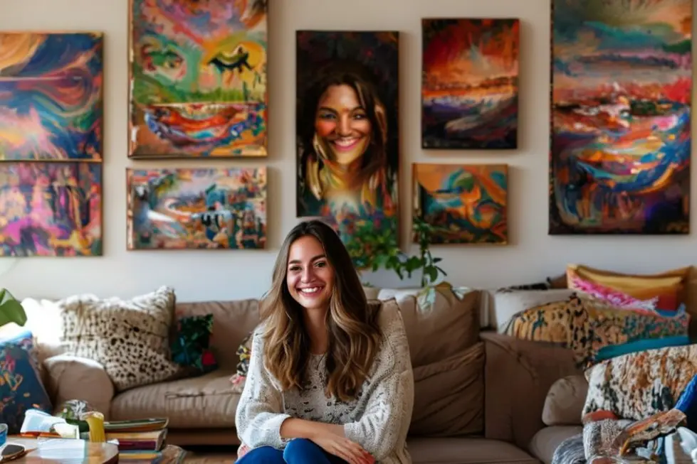 Uma mulher sorrindo em uma sala decorada de forma acolhedora.