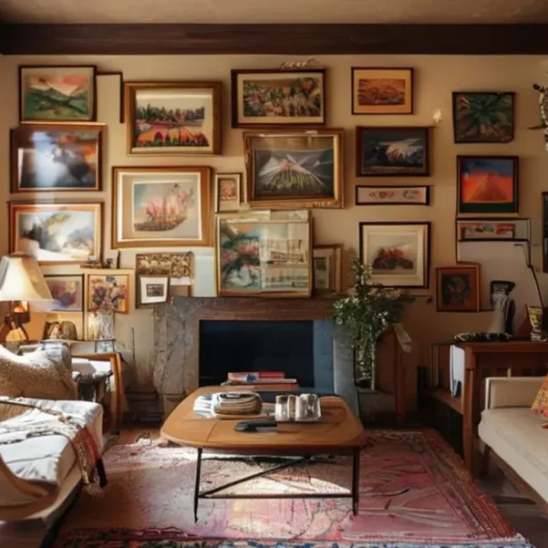 Uma sala de estar aconchegante decorada com quadros diversos.