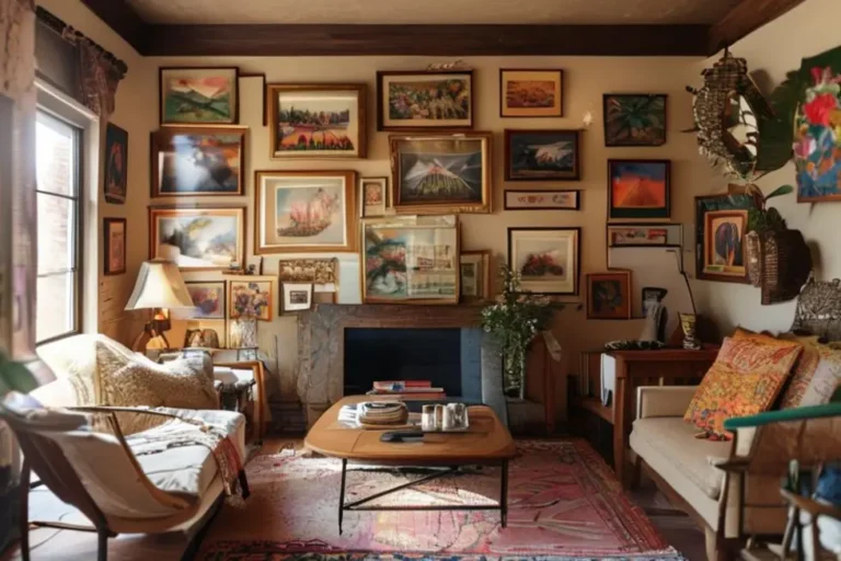 Uma sala de estar aconchegante decorada com quadros diversos.