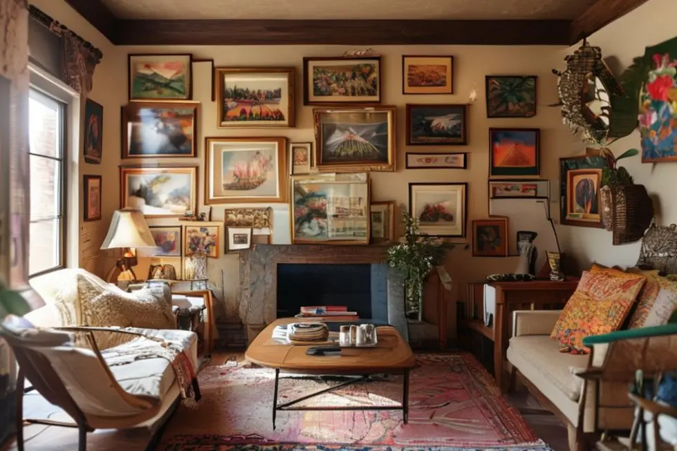 Uma sala de estar aconchegante decorada com quadros diversos.