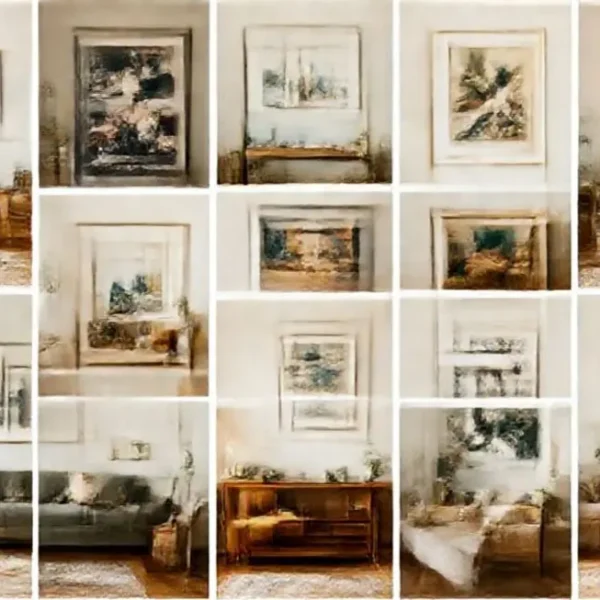 Uma coleção de ambientes diferents com quadros e posters que inspiram.