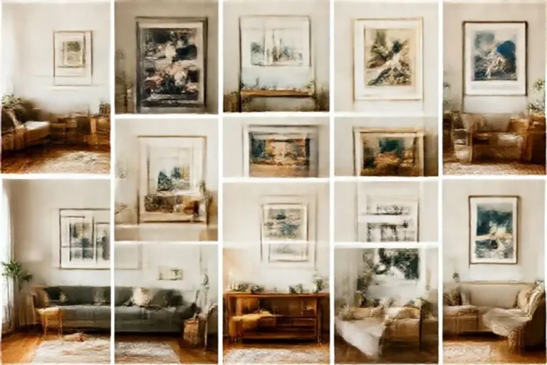 Uma coleção de ambientes diferents com quadros e posters que inspiram.