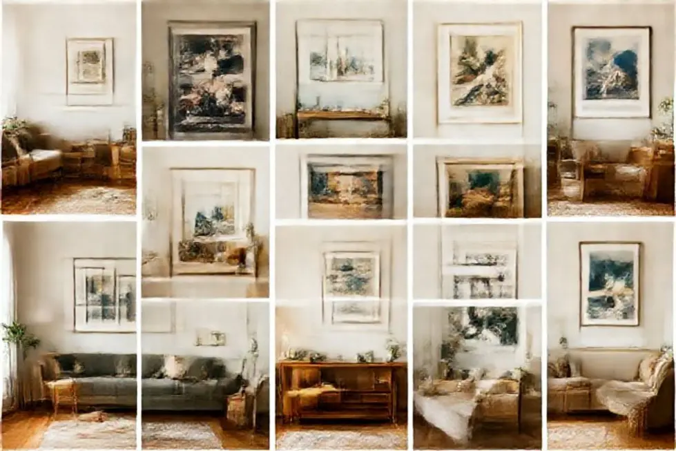 Uma coleção de ambientes diferents com quadros e posters que inspiram.