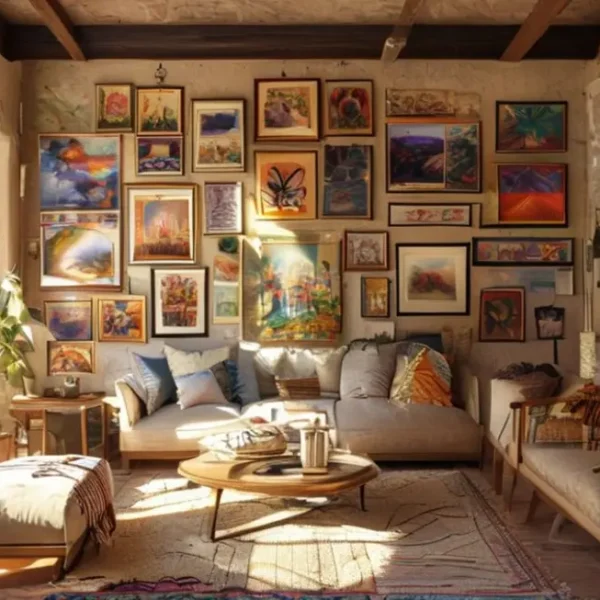 Sala de estar cheia de arte nas paredes, transmitindo um clima acolhedor e criativo.