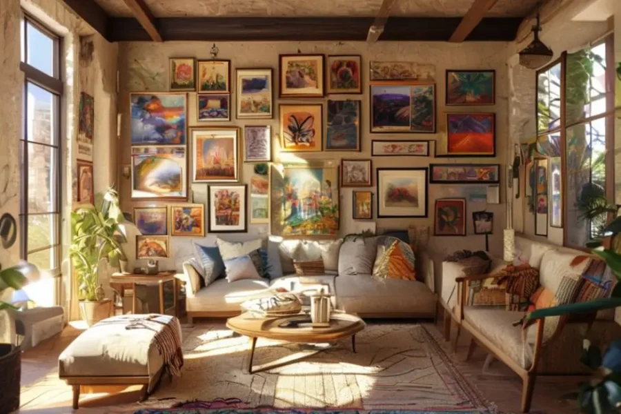 Sala de estar cheia de arte nas paredes, transmitindo um clima acolhedor e criativo.